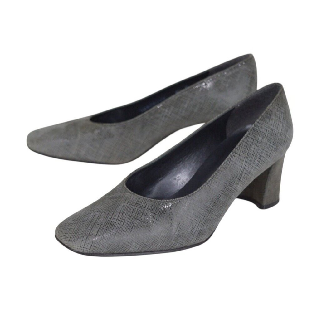 Vtg 90s Stuart Weitzman Block Heels GRAY Metallic Textured Leather 10 AA Narrow
